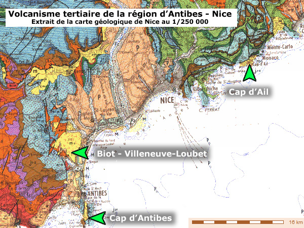 Localisation des affleurements de roches pyroclastiques sur la carte géologique de Nice 