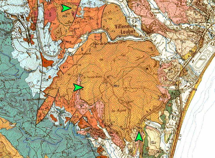 Localisation des affleurements de roches pyroclastiques sur la carte géologique de Nice 