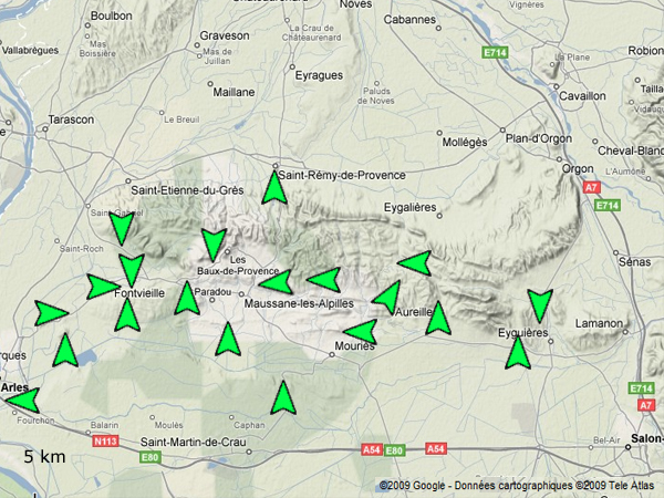 Carte de localisation d'affleurements dans les Alpilles