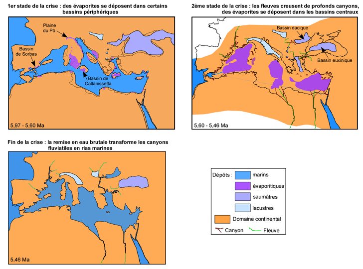 Palogographie du bassin mditerranen aux deux temps de la crise de salinit messinienne (5,97-5,60 Ma puis 5,60-5,46 Ma) et lors de la remise en eau (5,46 Ma)