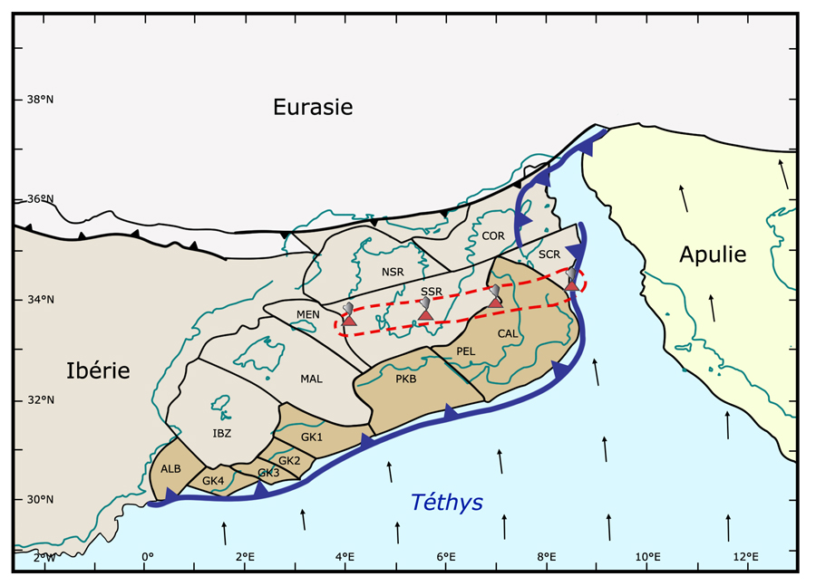 Reconstitution palinspastique montrant l’ajustement initial des microplaques lithosphériques de Méditerranée occidentale à la fin de l’Eocène