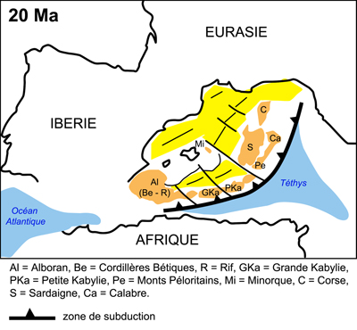Carte palinspastique de la Méditerranée au Burdigalien